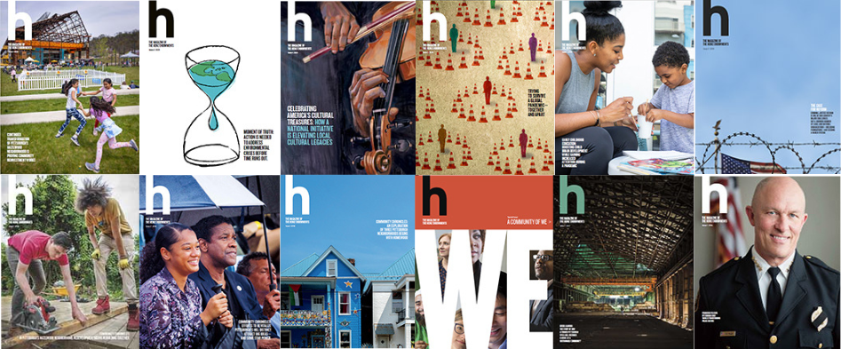 Covers of eight issues of h magazine.